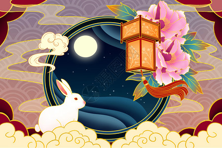兔子灯笼下赏月剪纸风插画背景图片