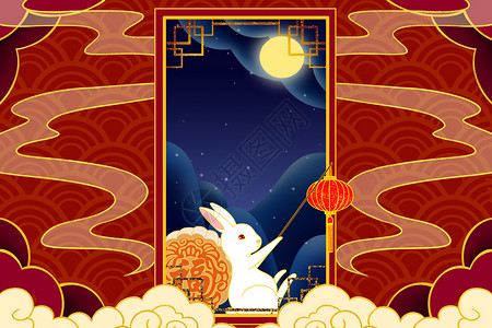 小兔子提着灯笼靠着月饼赏月图片