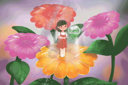 叶子露珠女孩在花朵上接露珠GIF高清图片