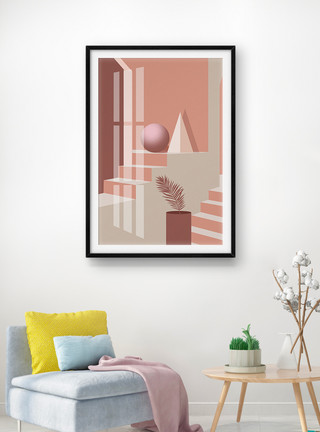 现代建筑室内现代莫兰迪粉色系立体空间几何客厅装饰画模板
