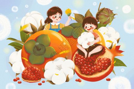 棉花种植二十四节气寒露女孩与棉花石榴柿子插画GIF高清图片