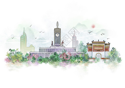 长沙中国风山水水墨城市地标建筑插画图片