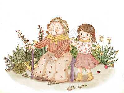 外婆和孙女重阳节的陪伴小女孩给老人捶背插画