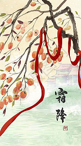 中国风霜降柿子竖图海报插画图片