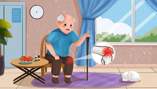 膝盖伤老人坐在椅子上关节炎疼痛插画