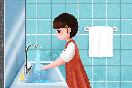 镜子里的人正在洗手的女孩插画