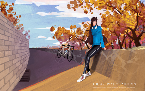 墙户外秋天户外骑行的女孩插画
