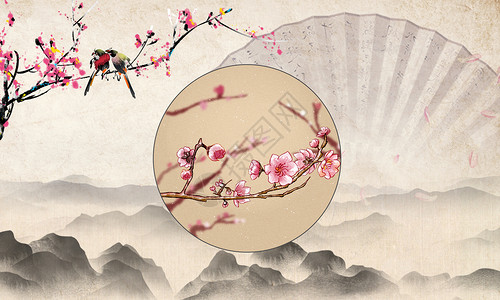 中国风扇子花朵中式工笔画设计图片