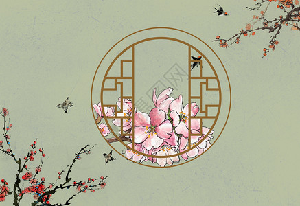 中国风扇子花朵中式工笔画设计图片