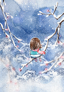 手绘Q版小女孩冬景下的小女孩插画