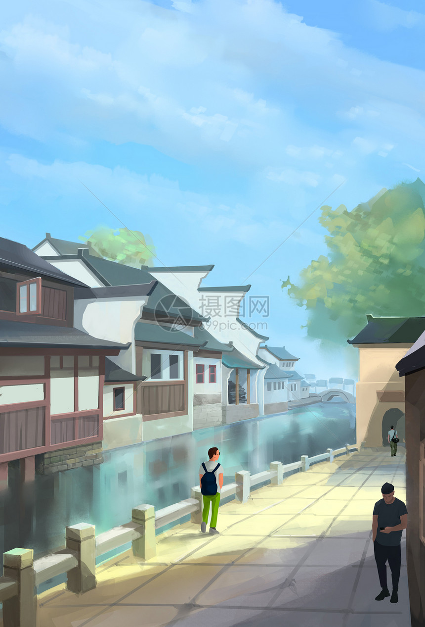 水乡建筑风景插画图片
