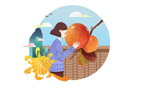 秋天摘柿子的女孩背景图片