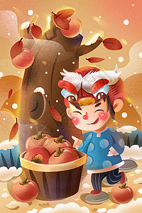 雪地苹果立冬雪地里捡柿子的男孩插画