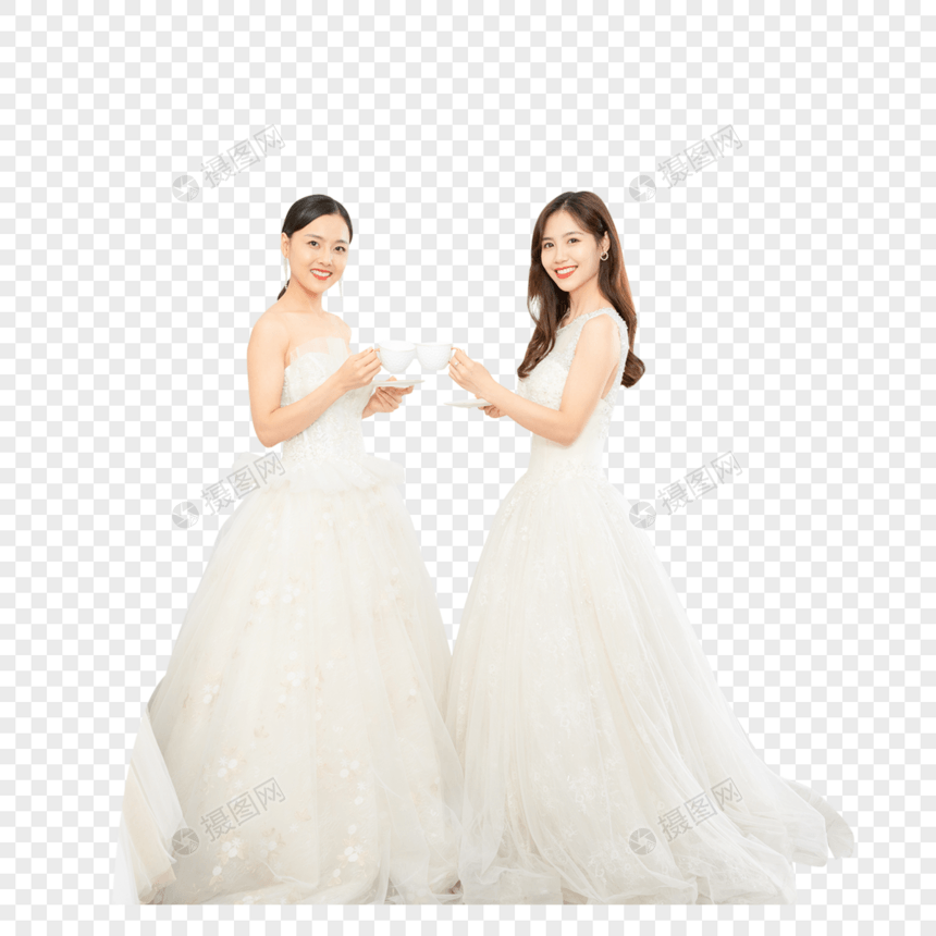 婚纱店一起试穿婚纱的闺蜜图片
