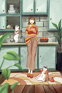 橱柜上的盆栽霜降时节和小猫咪一起吃柿子插画