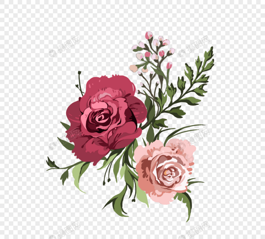 玫瑰簇花红色春天植物元素图片