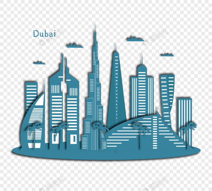 蓝色手绘剪纸风格迪拜城市元素图片
