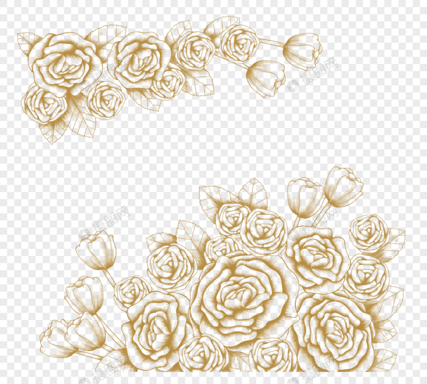 华丽大花玫瑰郁金香叶子花卉金色线条装饰图片
