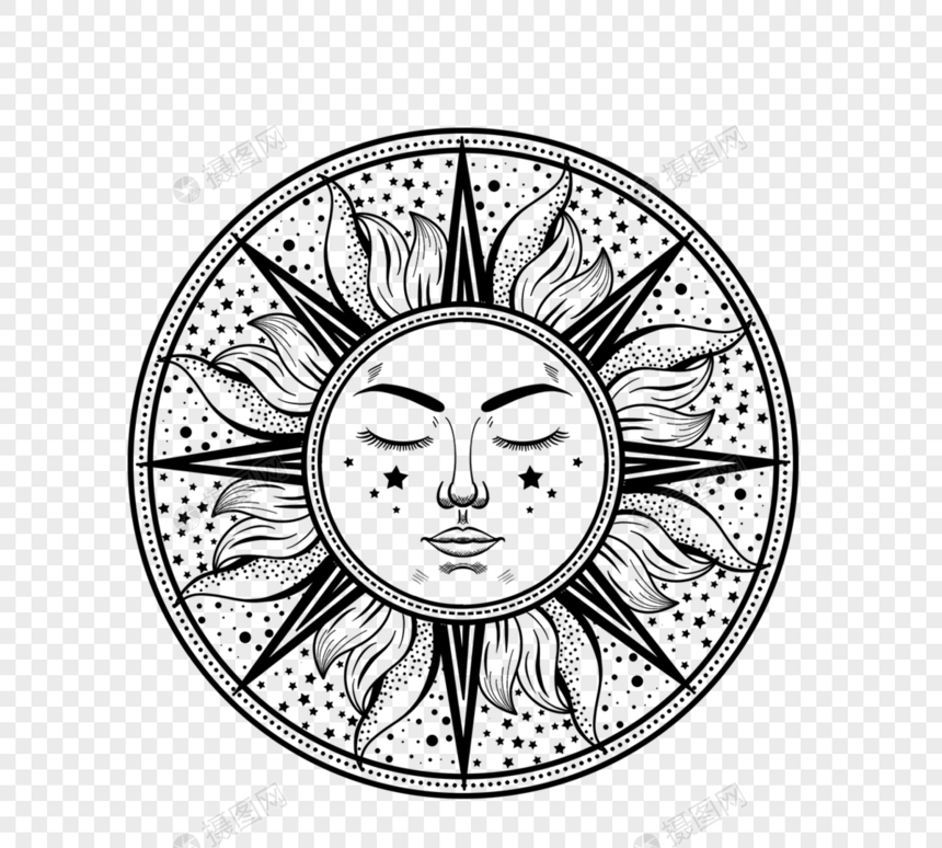 太阳人脸黑白个性纹身图片