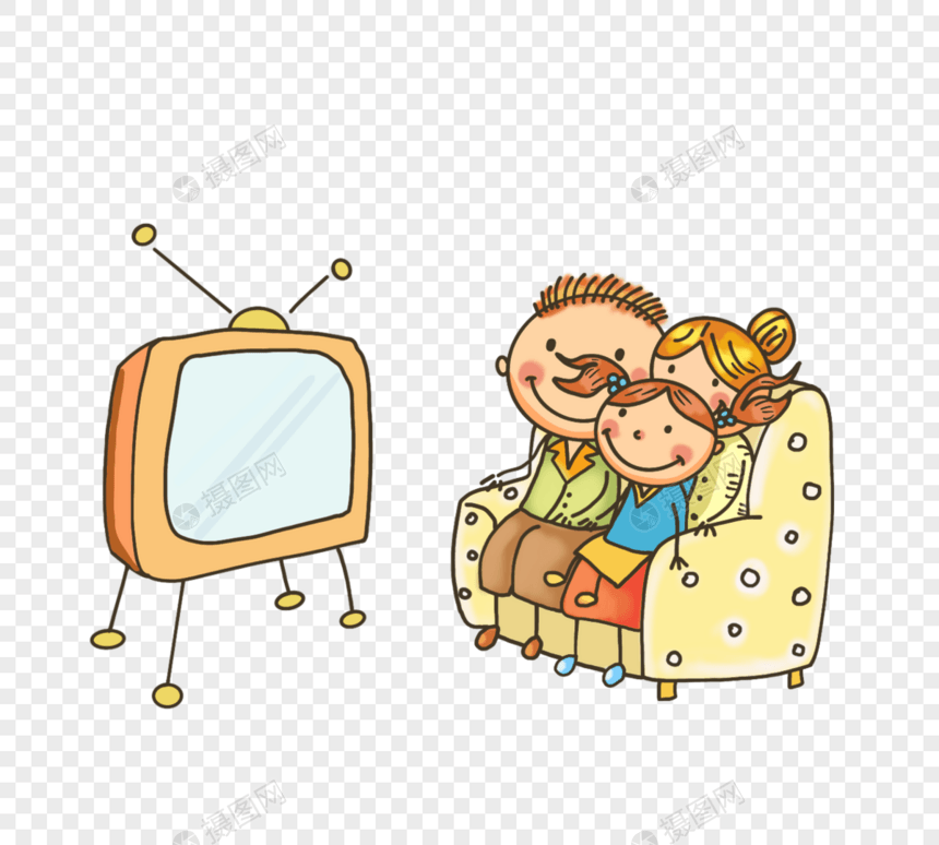卡通手绘家庭看电视图片