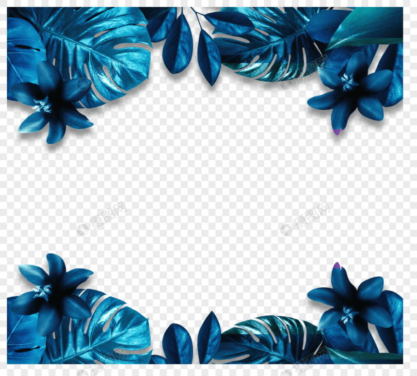 复古蓝色复合植物边框元素图片
