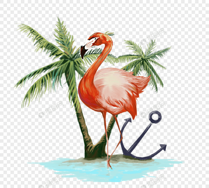 手绘火烈鸟椰子树元素图片