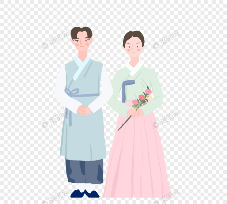 韩式配色手绘小清新风格韩国传统新人服饰结婚元素图片