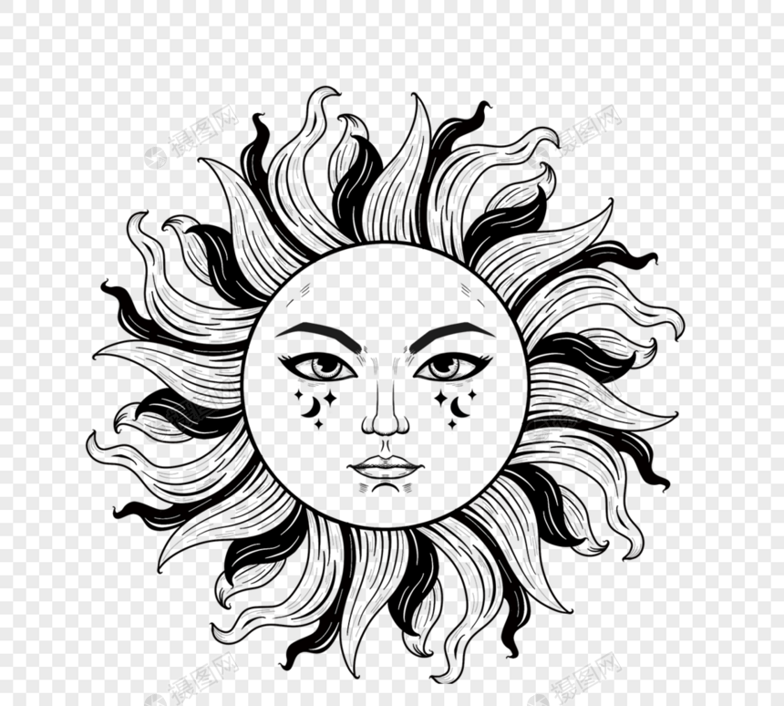 黑线手绘纹身太阳图片