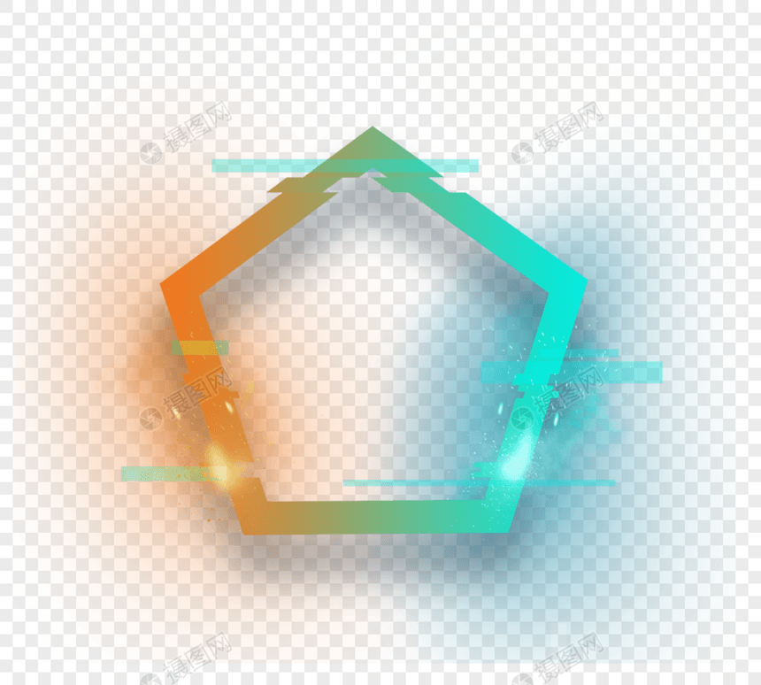 故障风格橘蓝色五边形状火花边框元素图片
