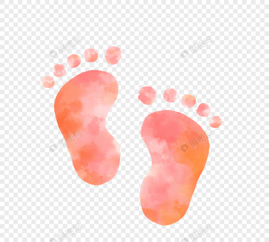 水彩手绘晕晕粉色橙色渐变婴儿脚印图片