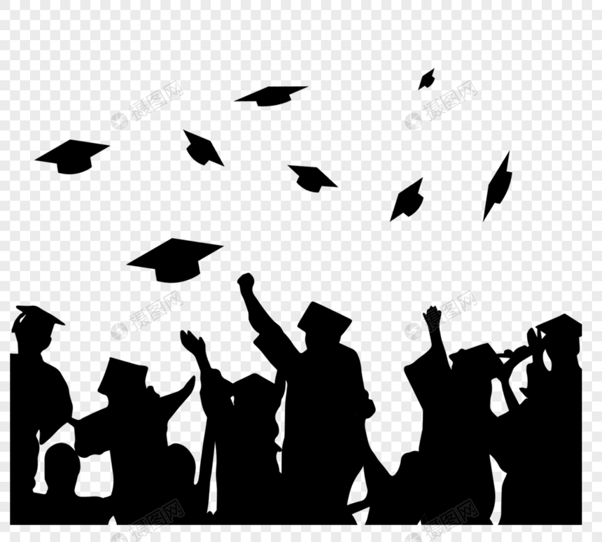 毕业生在欢快扁平风中投掷单身汉帽子黑色剪影图片