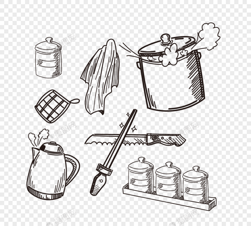 手绘线稿厨房厨具系列组图元素图片