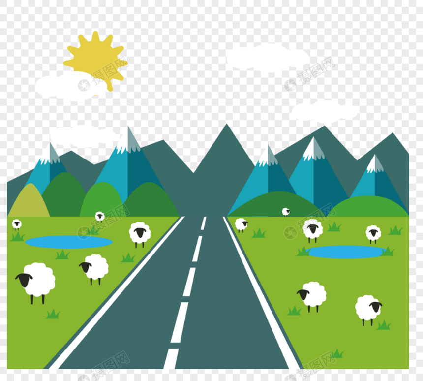 草原雪山羊群高速公路图片