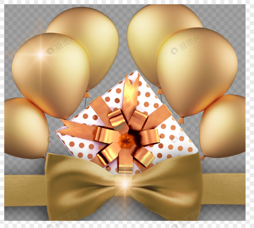 金色气球礼盒礼品PNG元素图片