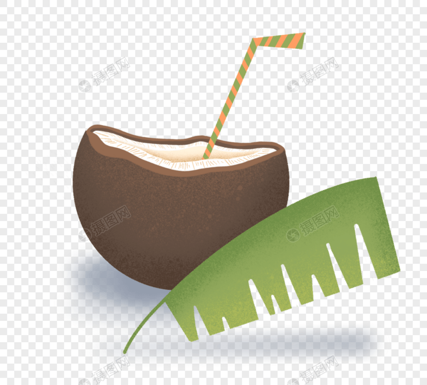 夏日椰子饮品吸管椰子树叶手绘元素图片