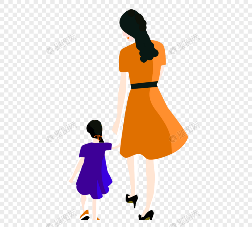 橙紫色母女牵手温馨简约卡通图片