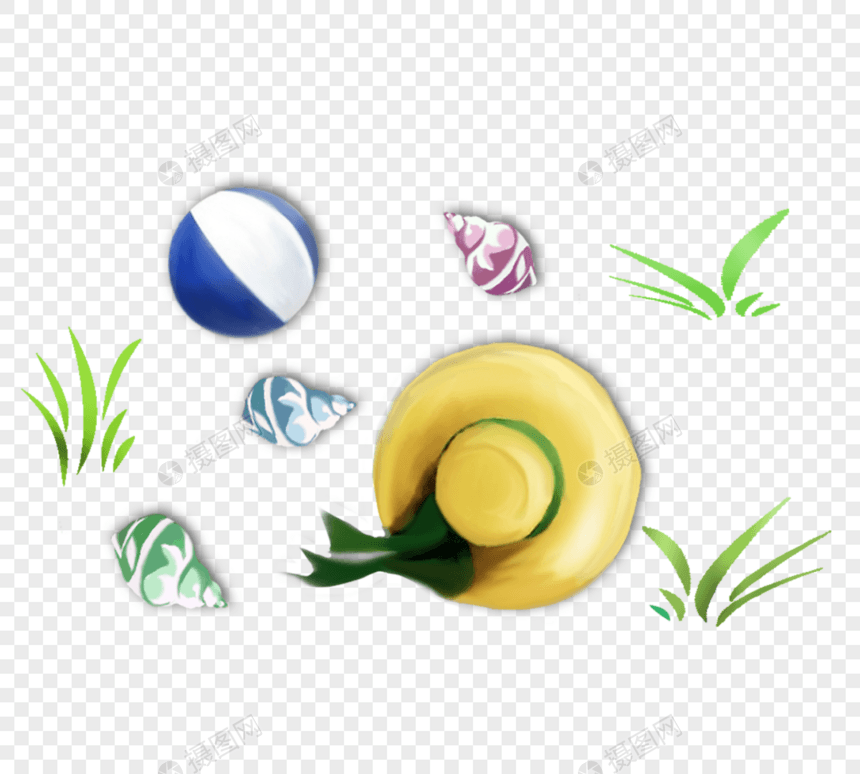 草帽沙滩排球海螺元素图片