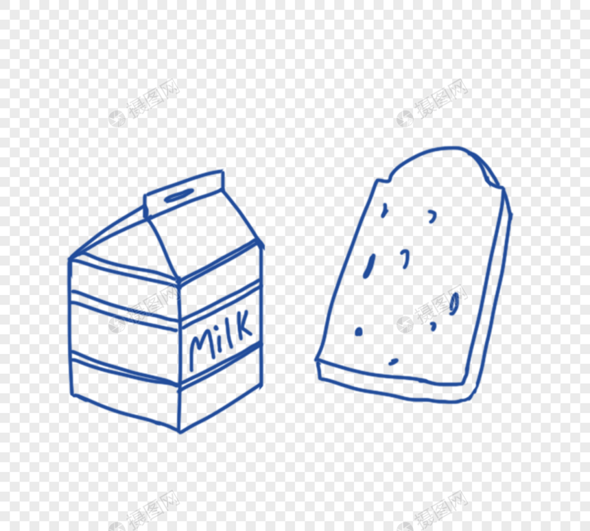 手绘蓝线画面包牛奶图片