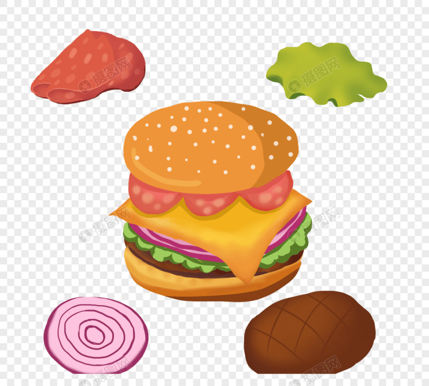 手绘快餐汉堡包和材料图片