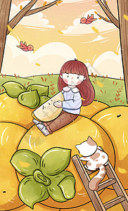 楼梯上的猫霜降女孩坐在柿子上插画插画