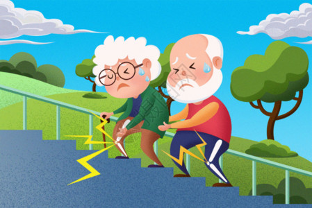 国际援助患有关节炎的老人艰难地爬着楼梯GIF高清图片