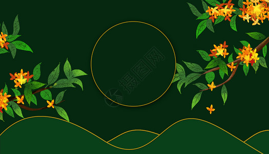 绿色树枝边框中式工笔画设计图片
