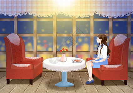 茶餐厅背景双十一单身的女孩插画