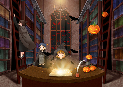 万圣节巫师魔法学校图书馆背景图片