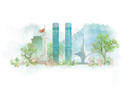 南昌中国风山水水墨城市地标建筑插画背景图片