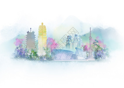 社区广场雕塑郑州中国风山水水墨城市地标建筑插画插画