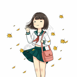 心在枫叶中秋风中的女孩GIF高清图片