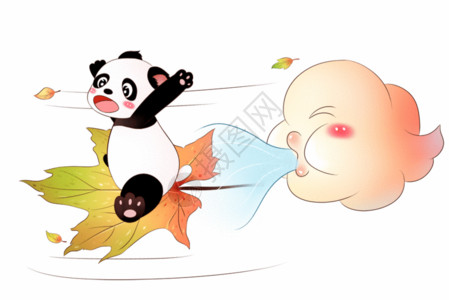 秋叶和溪流熊猫乘风飞行GIF高清图片