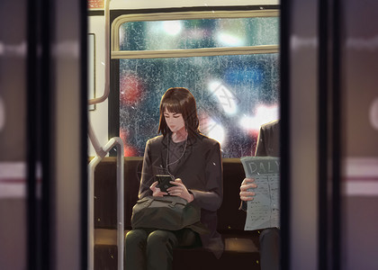 都市孤独地铁上玩手机的女孩插画