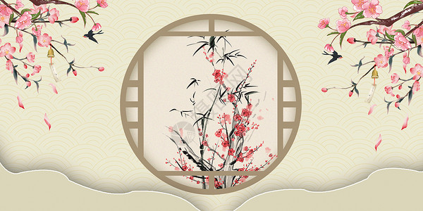 中式古典窗户中式工笔画设计图片